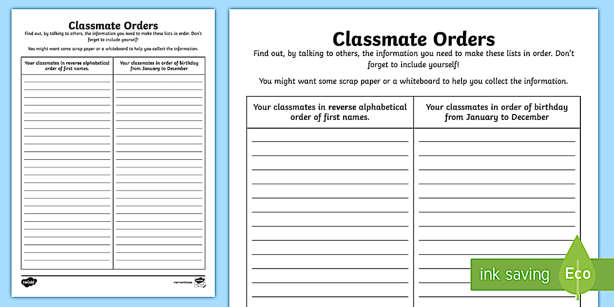 Year 6 Back to School Classmate Orders Worksheet / Worksheet