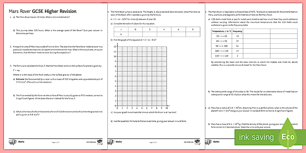 Mars Rover Maths GCSE Revision Worksheet (teacher made)