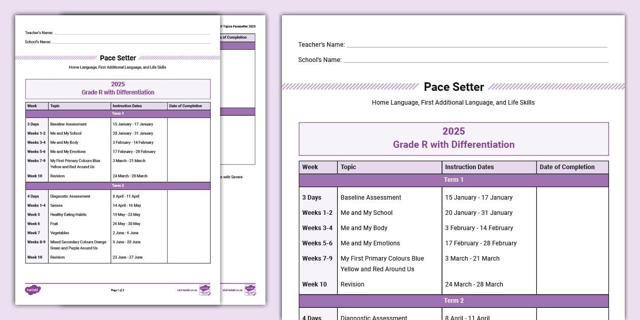 Nna Grade R Topic SID: Grade R Topics Pace Setter 2025 (teacher made) - Twinkl