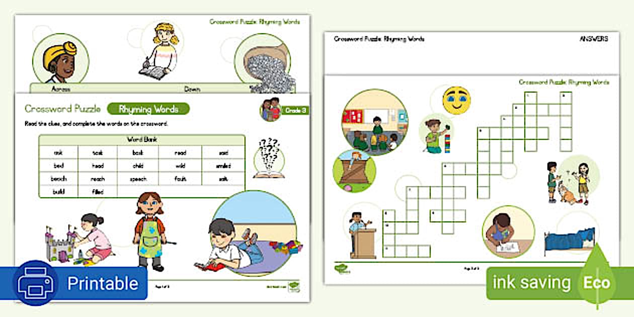 Grade 3 Phonics Crossword Puzzle Rhyming Words