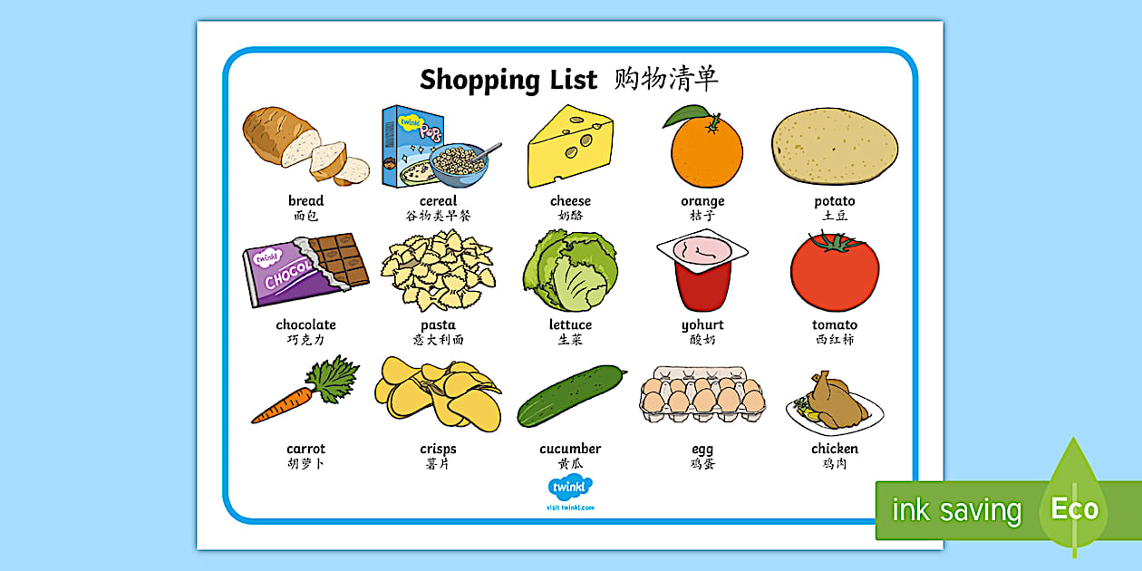 Shopping List Word Mat English/Mandarin Chinese - Shopping List Word Mat