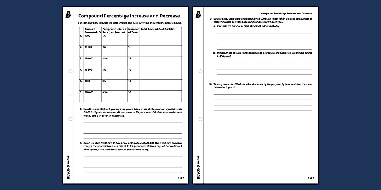 👉 Compound Percentage Increase and Decrease Worksheet