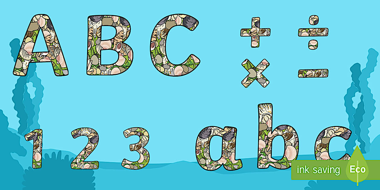 Editable 'The Seaside' Shells, Pebbles, and Seaweed Display Lettering