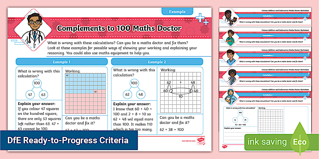 👉 Complements to 100 Maths Doctor Worksheet - Twinkl