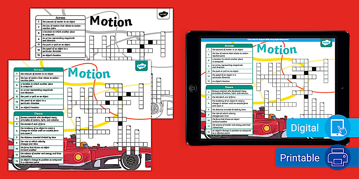 Motion Crossword for 6th 8th Grade Twinkl