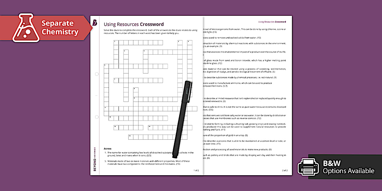 Using Resources Crossword (Separate) (teacher made) Twinkl
