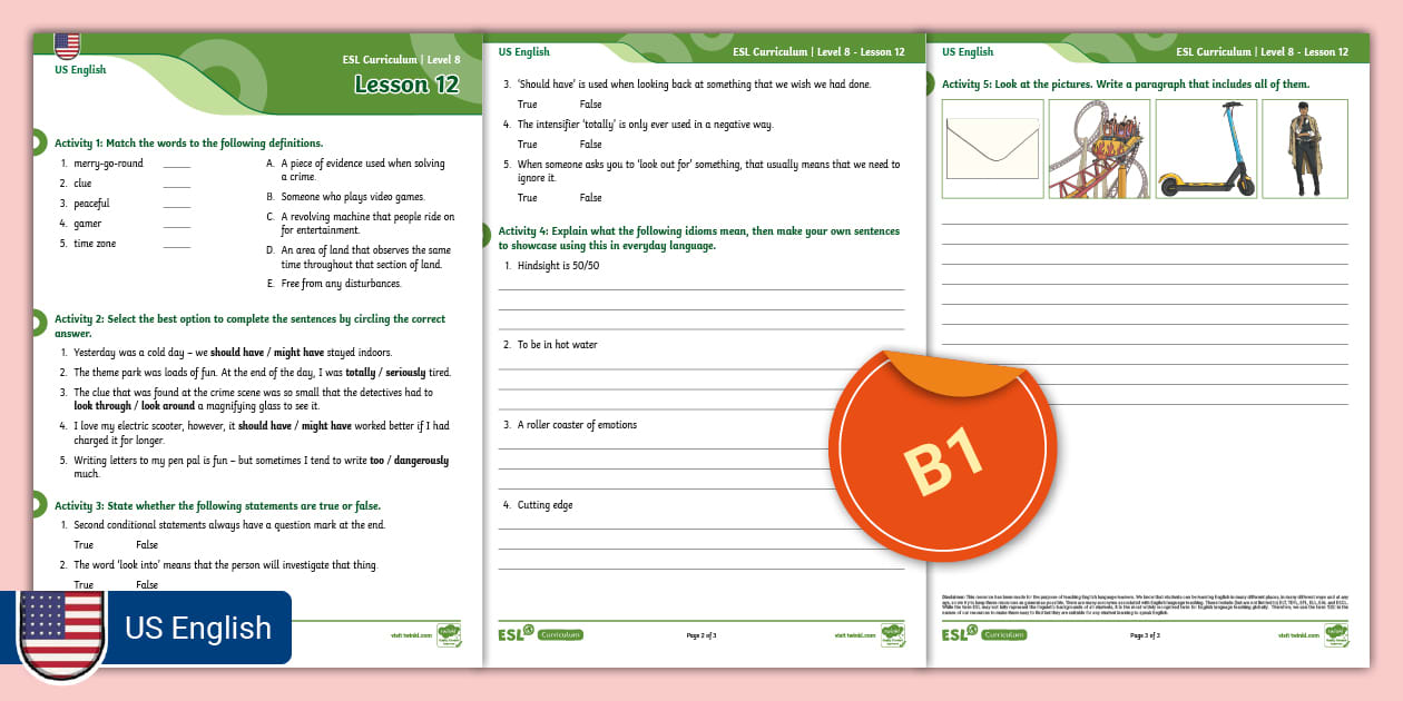 ESL (US English) Level 8 Lesson 12 Activity Sheet Twinkl