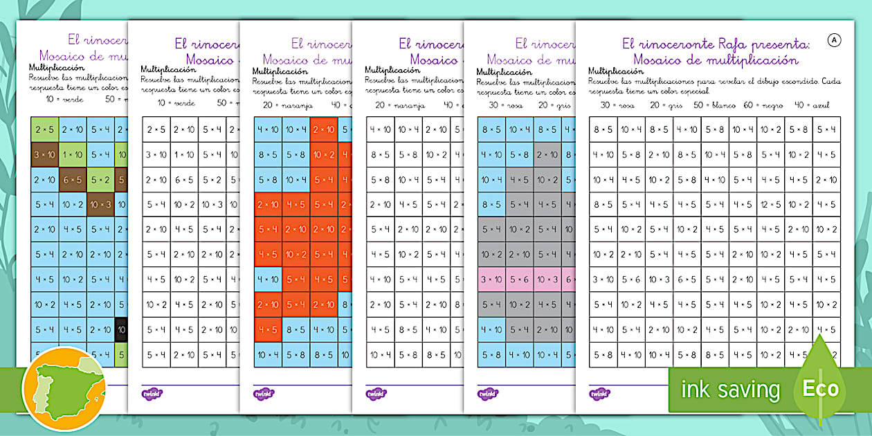 Mosaico de multiplicación: El rinoceronte Rafa - Twinkl