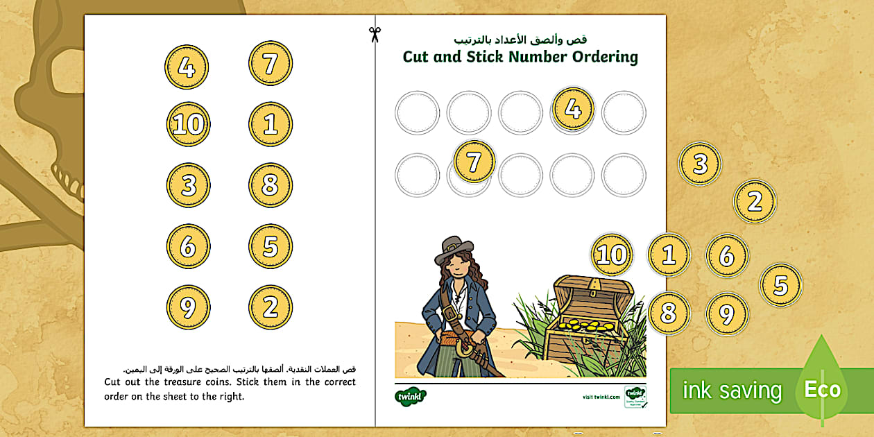 Black and White Pirate Themed Cut and Stick Number Ordering Activity 1-10
