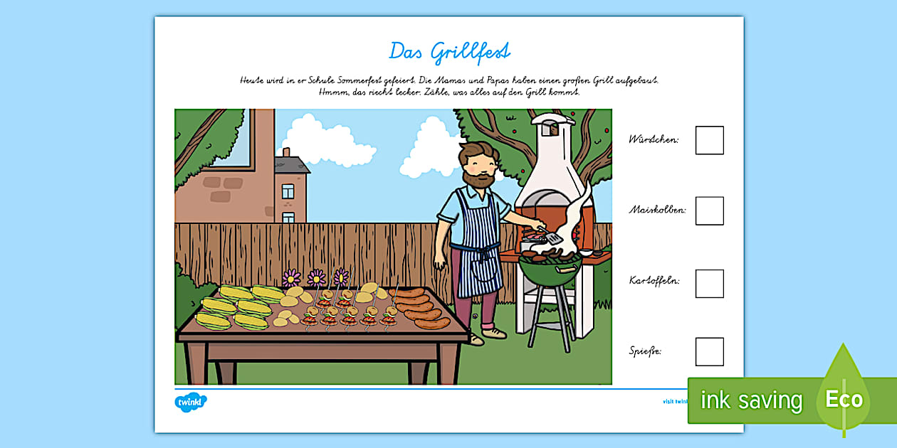 Das Grillfest Arbeitsblatt: Erstes Zählen - Twinkl