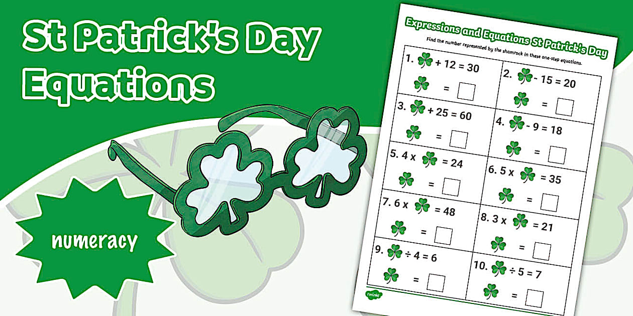 Expressions and Equations St Patrick's Day Activity Sheet