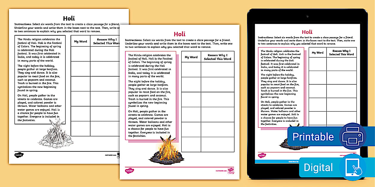 Third Grade Holi Reverse Cloze Worksheet (teacher made)