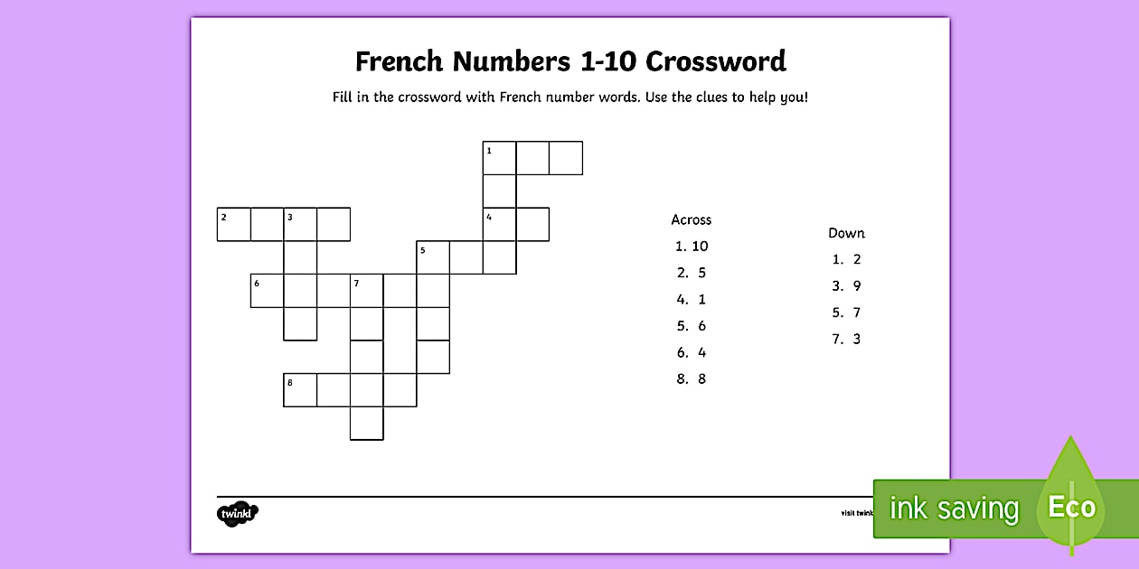 French Crossword 1 10 Numbers Twinkl
