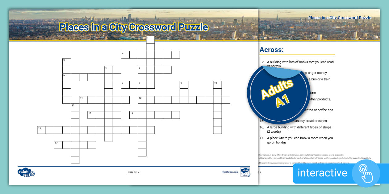 ESL Places in a City Crossword Puzzle Adults A1 Twinkl