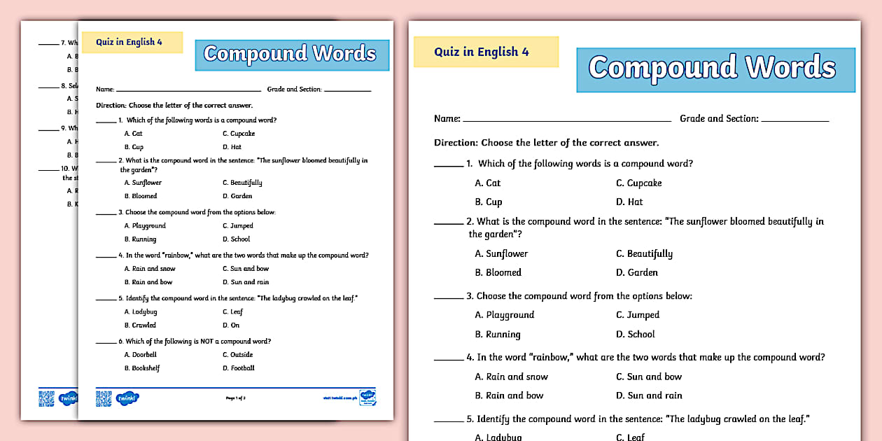 Grade 4 English Quiz - Compound words