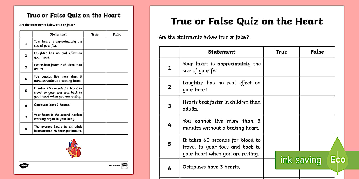 True or False Quiz on the Heart Activity (teacher made)