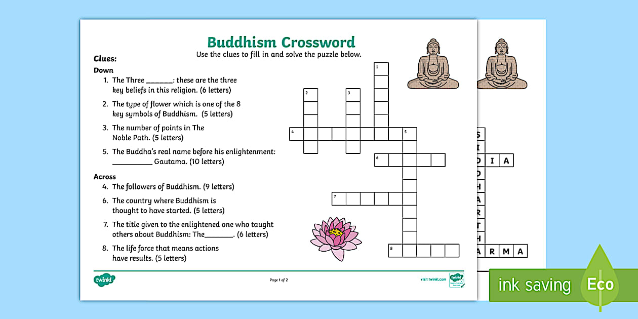 Buddhism Crossword Buddhist teachings (teacher made)