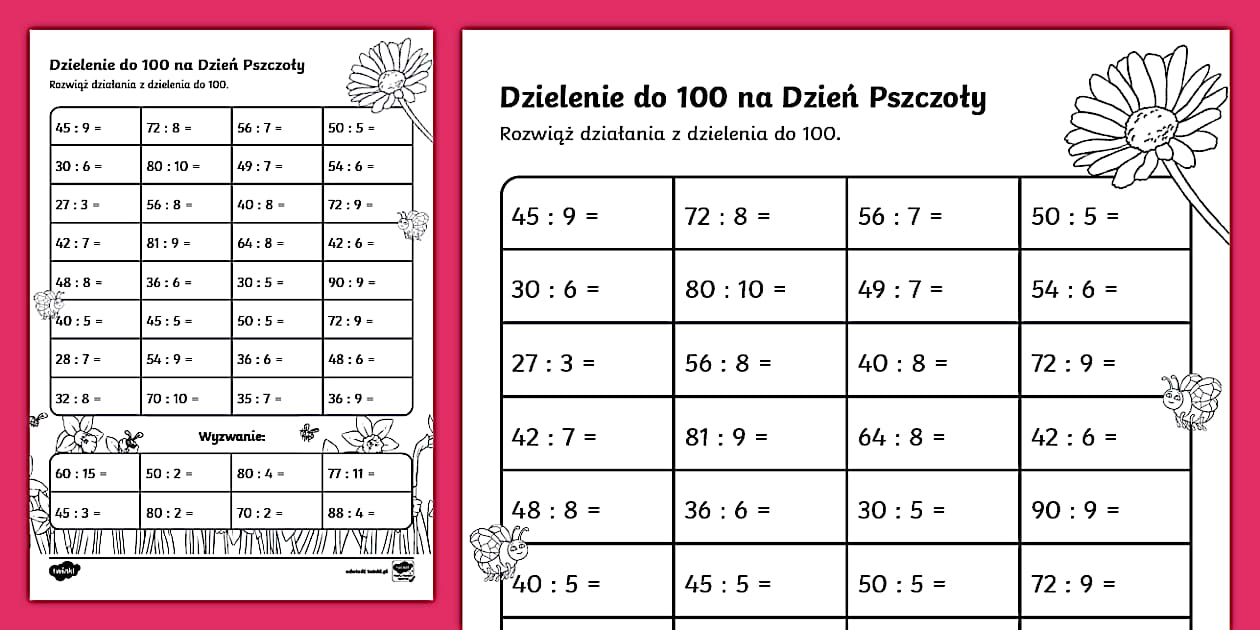 Dzielenie do 100 | Dzień Pszczoły | Karta pracy - Twinkl