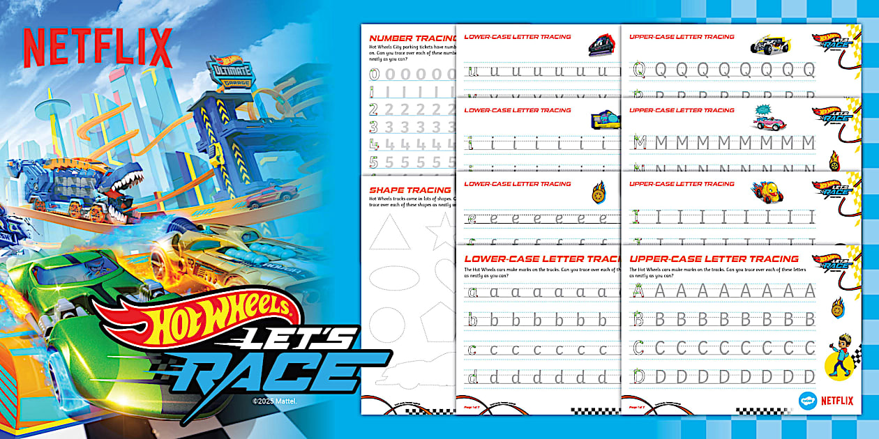 Hot Wheels: Letters Numbers and Shapes Tracing Worksheets