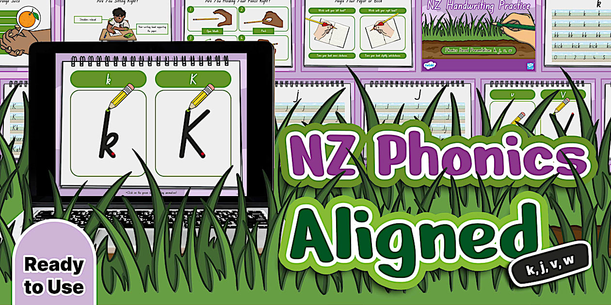 NZ Handwriting Practice Phonics Presentation: k, j, v, w