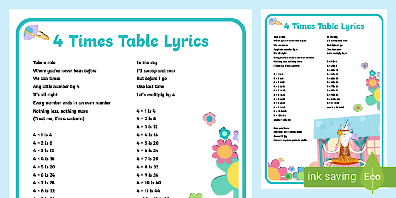 👉 Four Times Tables Song Lyrics Poster Twinkl Go!