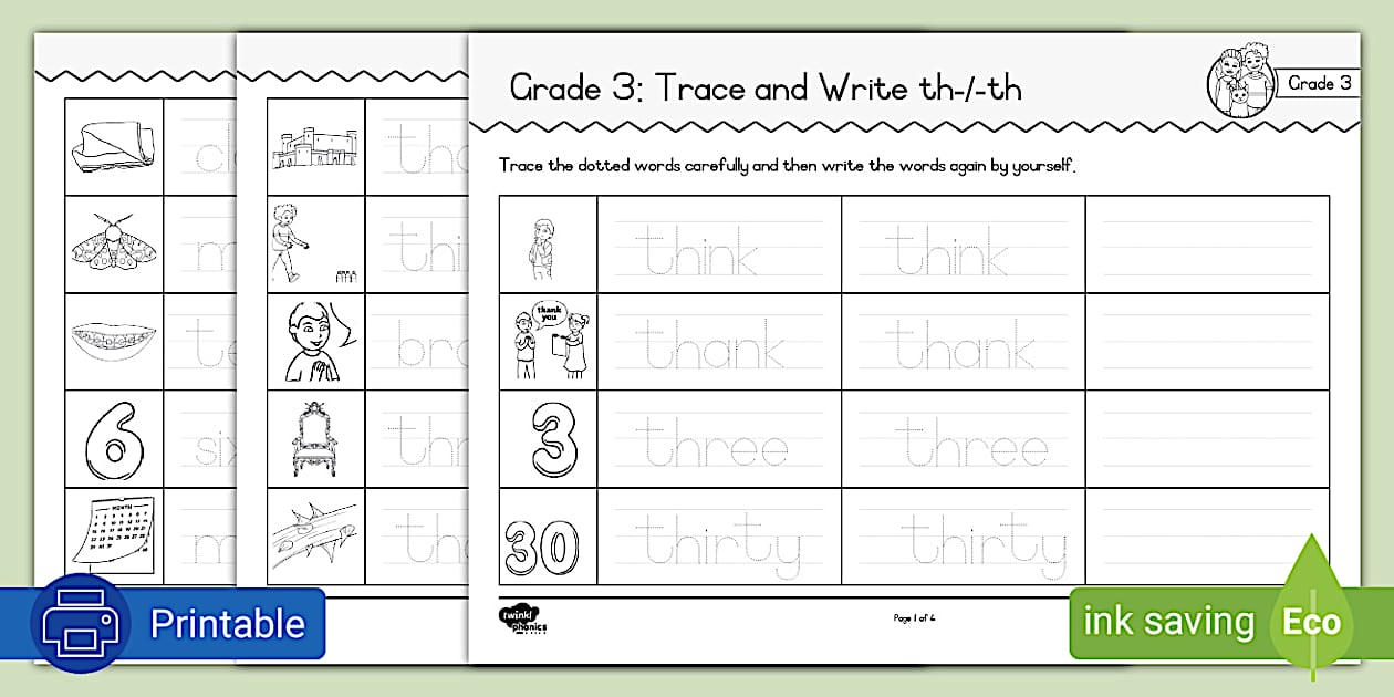 Writing Guide Th Grade 3 Phonics Trace and Write th-,-th (teacher made)