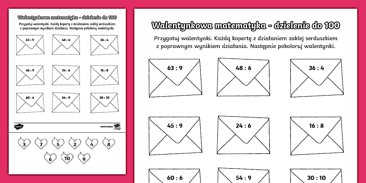 Matzoo Klasa 3 Dzielenie Do 100 Walentynkowa matematyka | Dzielenie do 100 (teacher made)