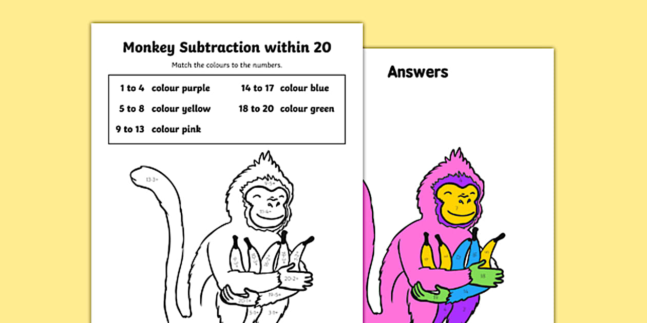 Colour Subtraction from 20 Monkey Worksheet / Worksheet