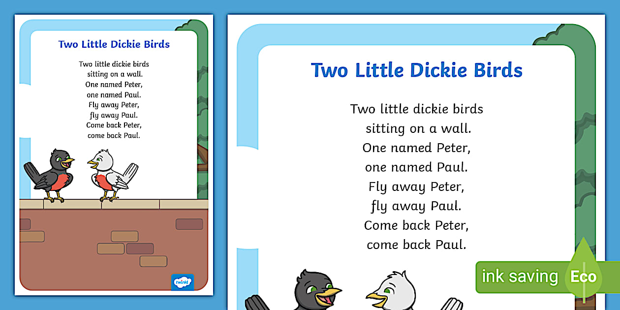 Black And White Two Little Dickie Birds Nursery Rhyme Poster Black And White Two Little Dickie Birds Nursery Rhyme Poster