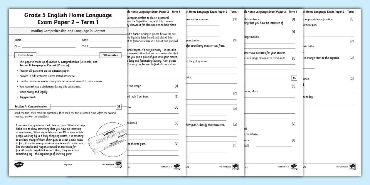 Grade 5 English Home Language - Term 1 - Test Paper 2 (CAPS Aligned)