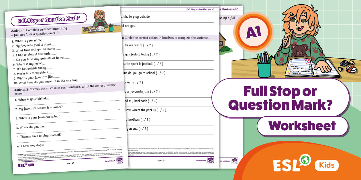 ESL Activity Sheet for Full Stop or Question Mark Practice