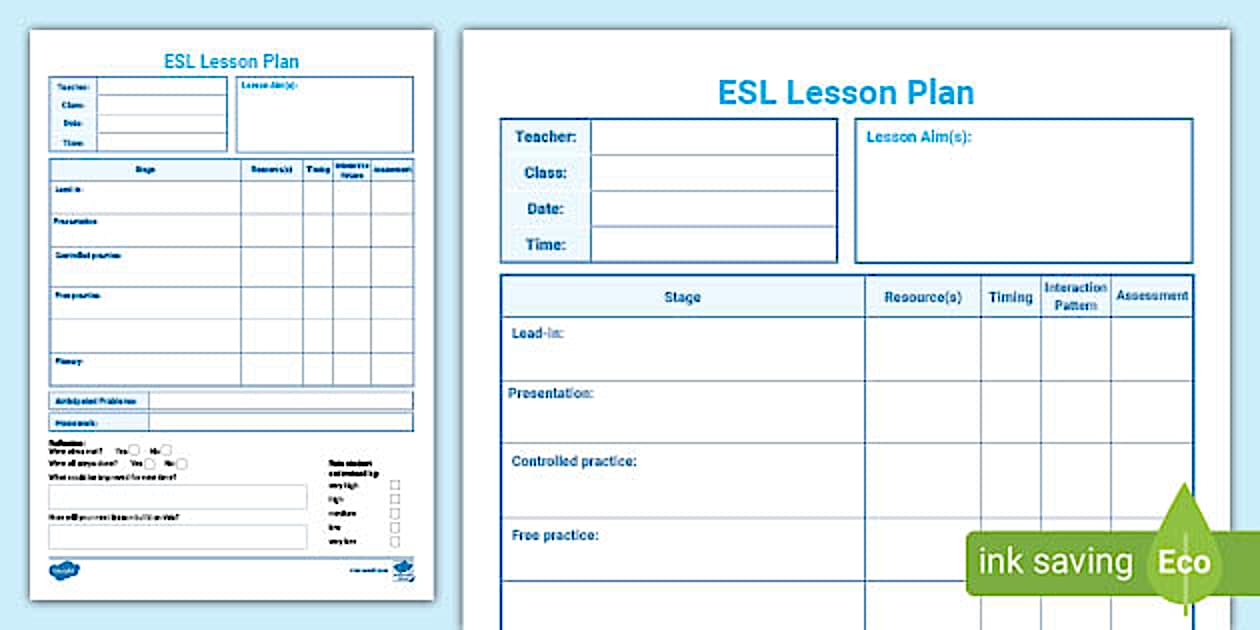 👉 Lesson Plan Template for ESL ESL Primary Resources