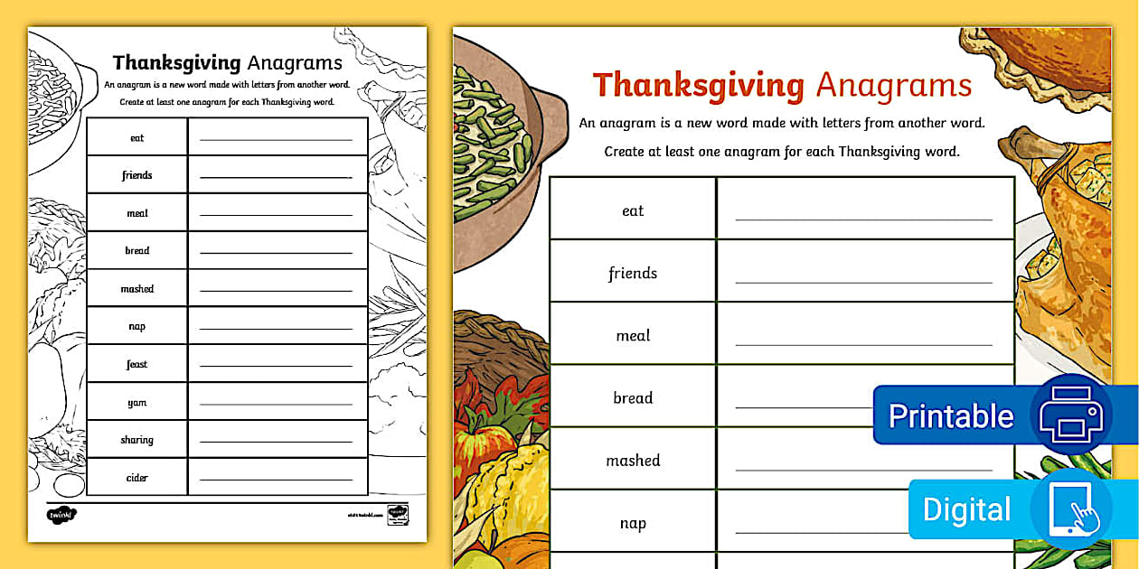 Thanksgiving Anagrams Worksheet for 3rd 5th Grade Twinkl