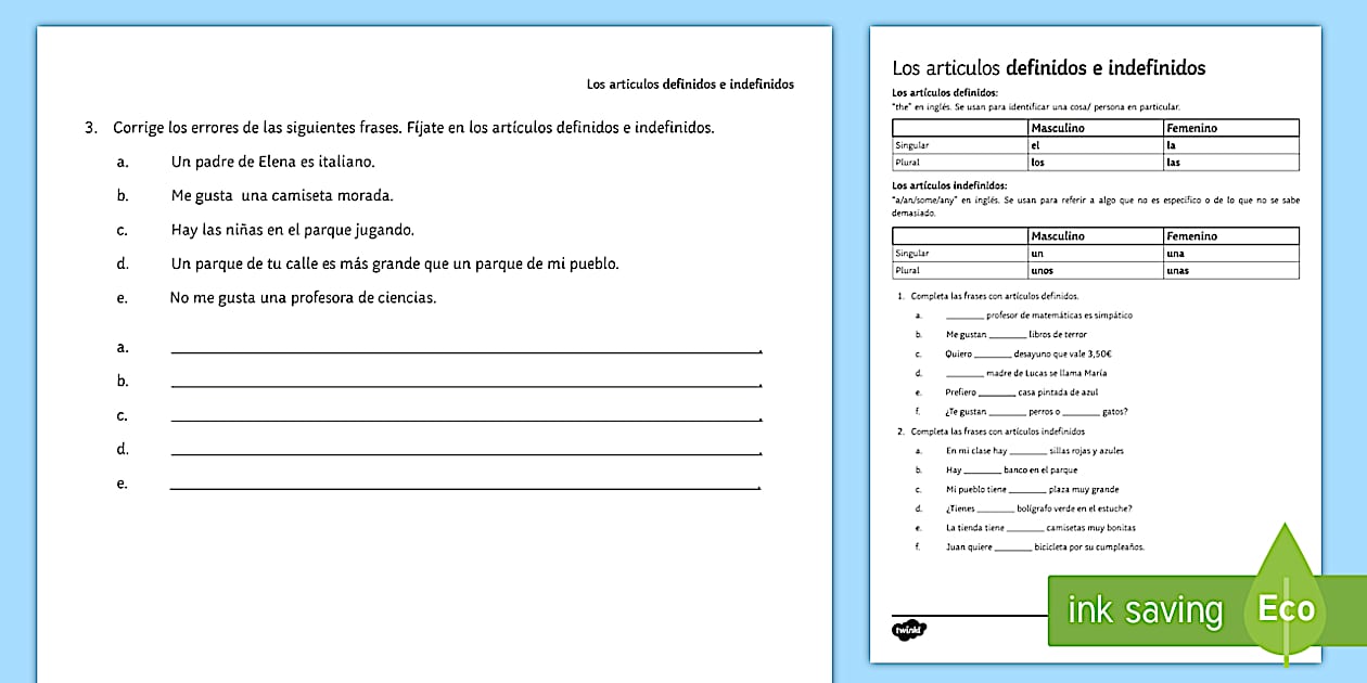 Definite and Indefinite Articles Worksheet / Worksheet Spanish