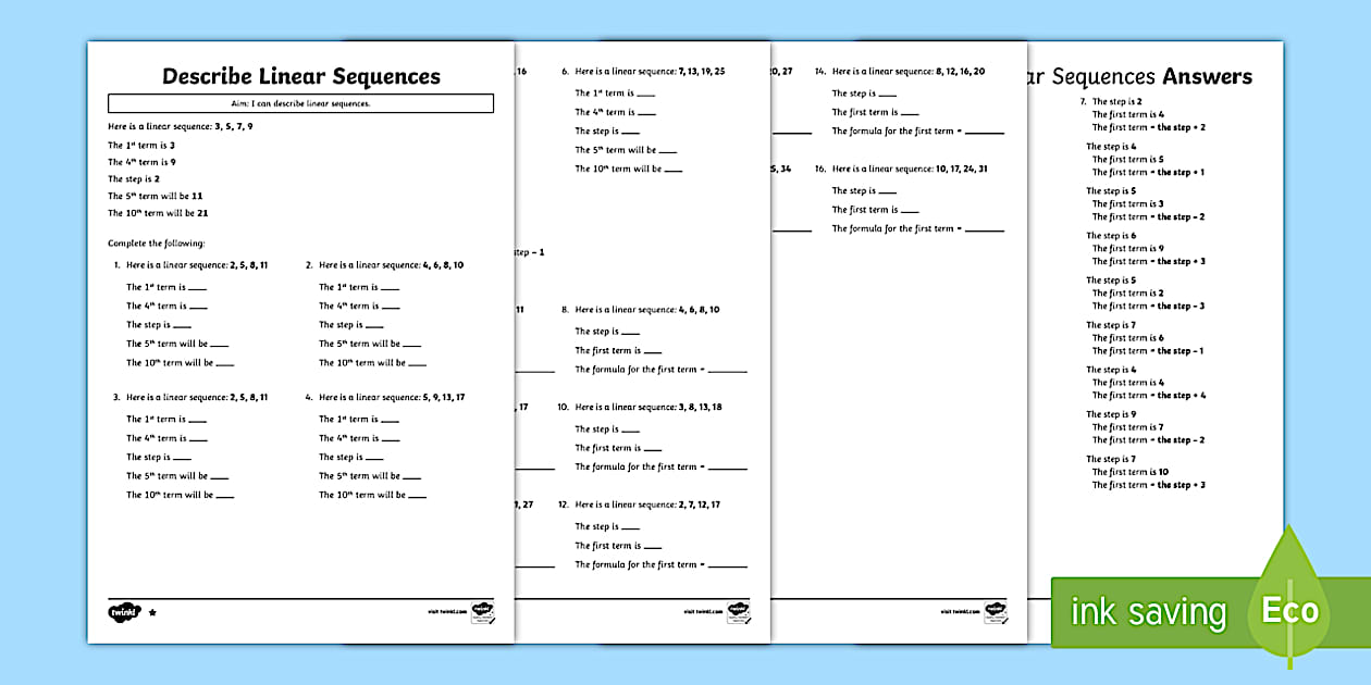 linear patterns worksheet pack - Twinkl