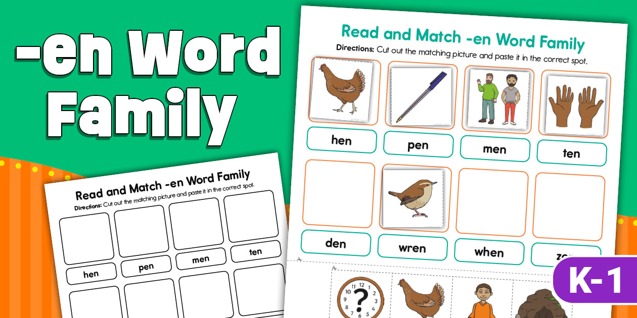 Read and Match en Word Family Worksheet for K 1st Grade