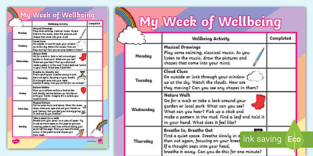 My Week of Wellbeing Worksheet (teacher made) - Twinkl