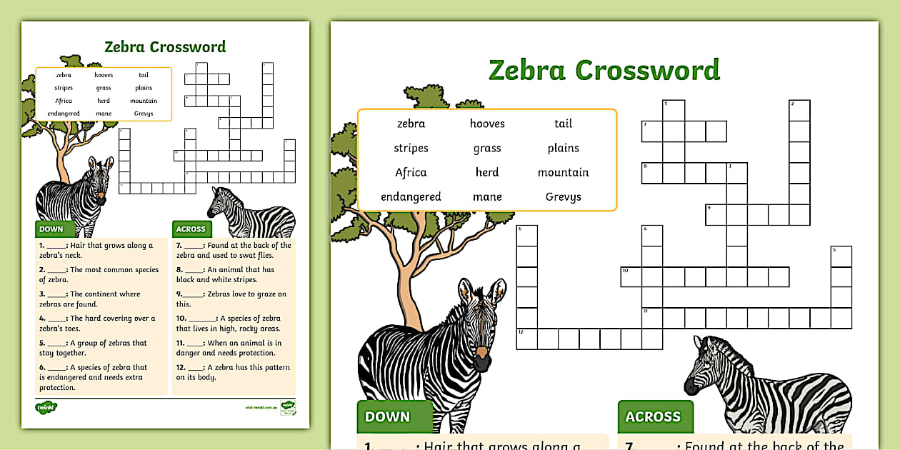 Zebra Crossword (Teacher Made) Twinkl