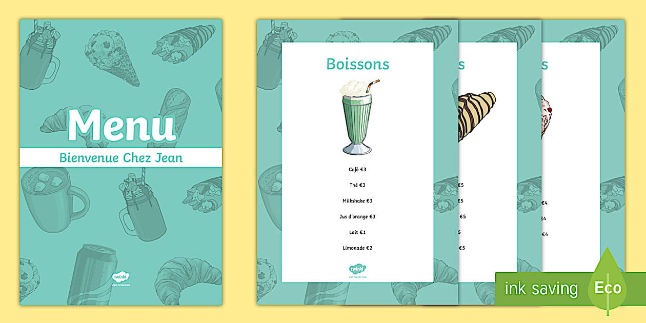 French Cafe Menu French Cafe Role Play Menu