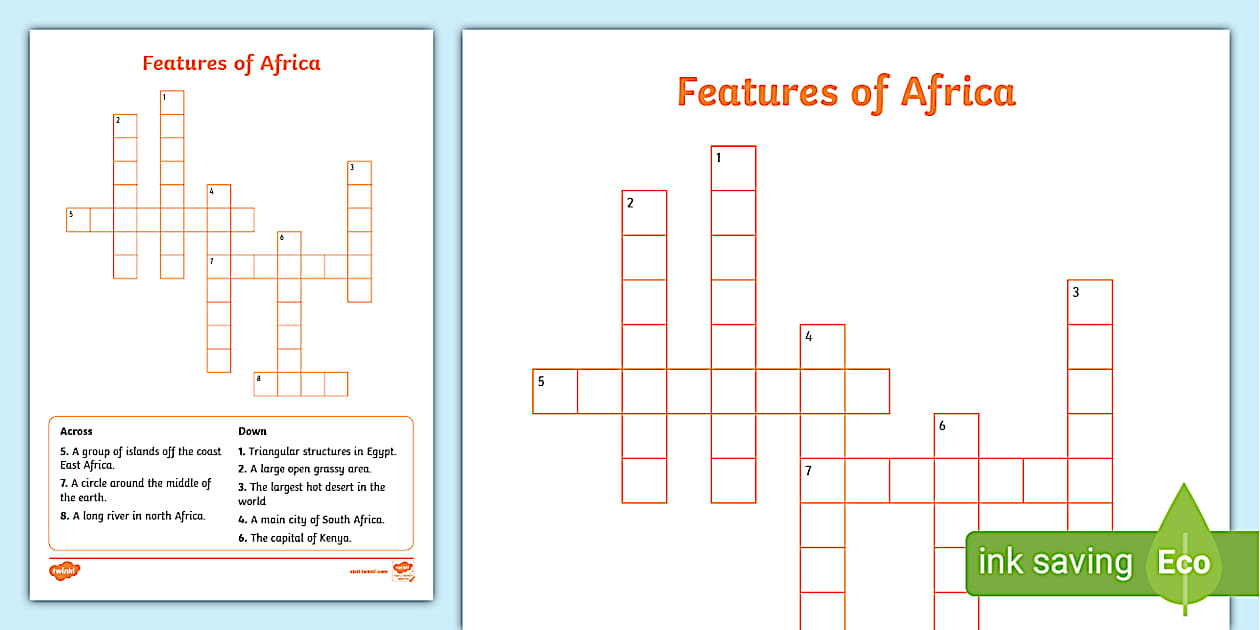 Features of Africa Crossword (Hecho por educadores) Twinkl