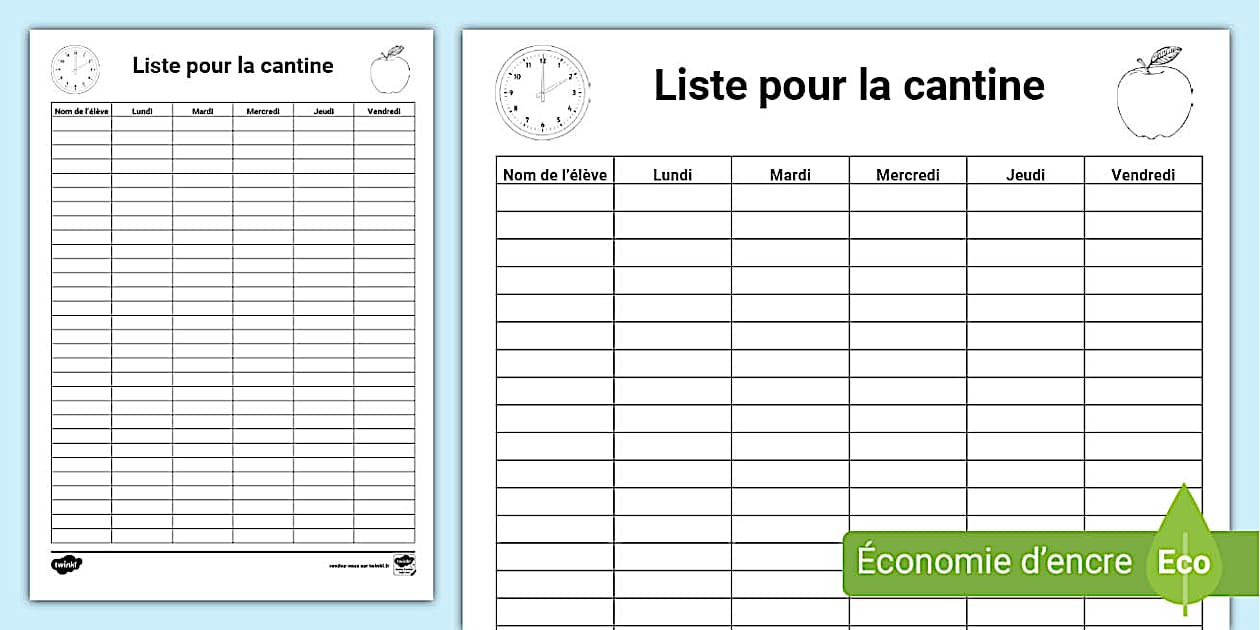 Editable Cahier du prof : Fiche pour la cantine - Twinkl