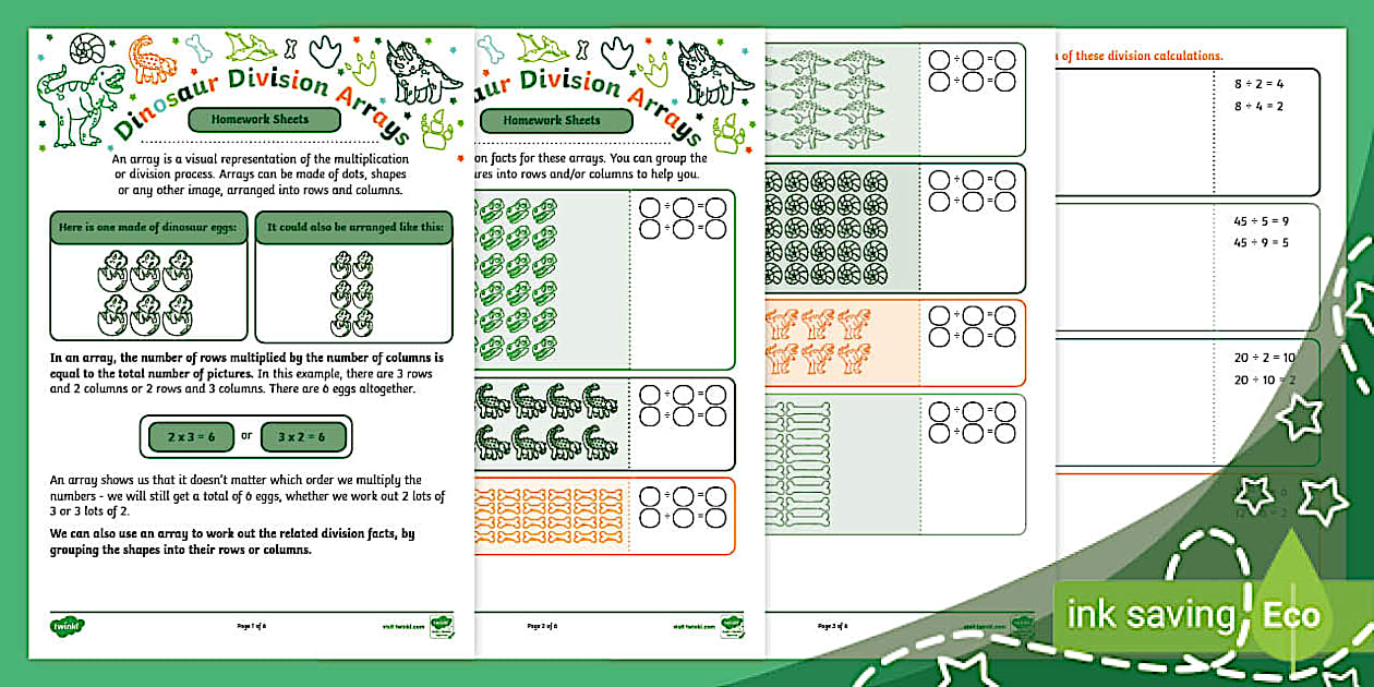 Dinosaur Division Arrays Activity - Homework Sheets - Twinkl
