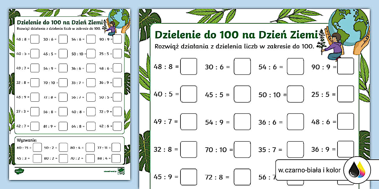 Mnożenie I Dzielenie Do 100 Kartkówka Dzielenie do 100 | Dzień Ziemi | Karta pracy (teacher made)