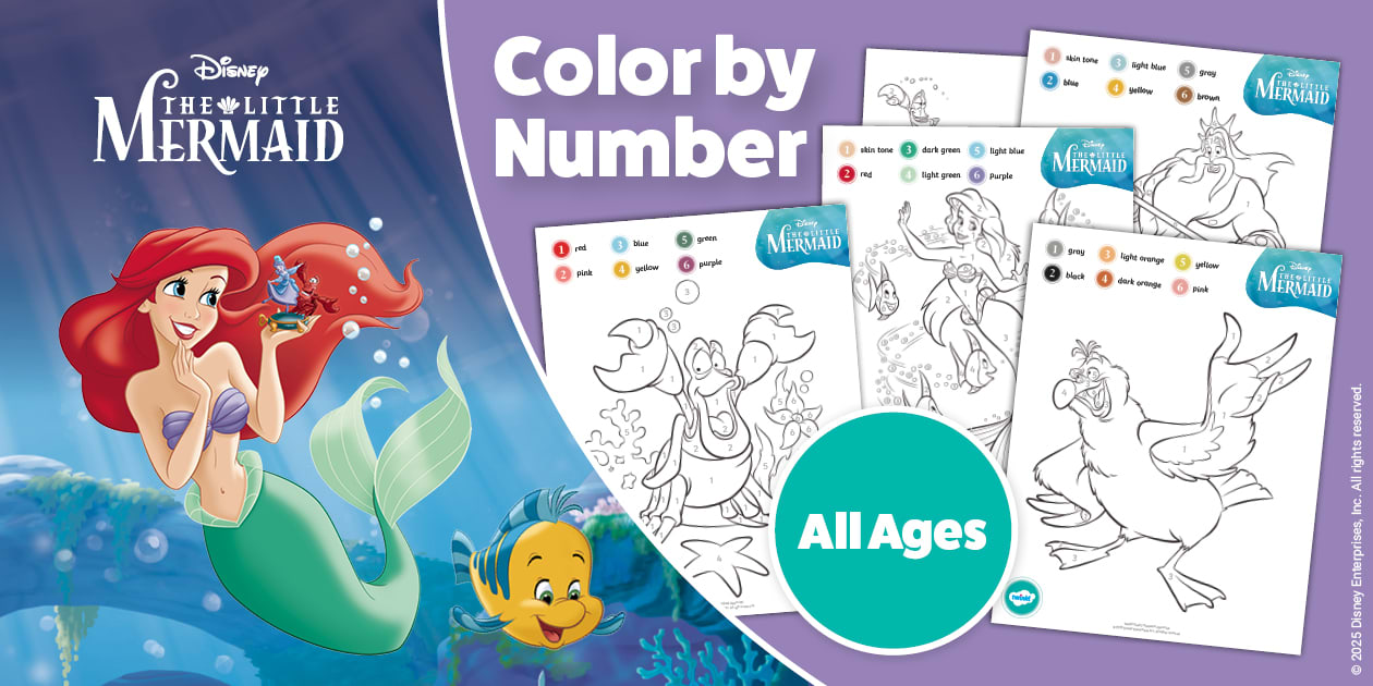 The Little Mermaid: Color by Number Worksheets - Twinkl