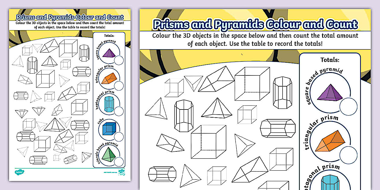 Prisms and Pyramids Colour and Count Worksheet Twinkl