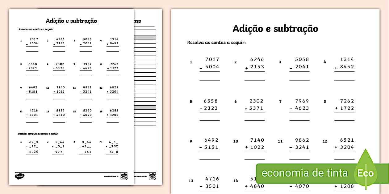 Atividade de Adição e Subtração para o 4º Ano - Twinkl