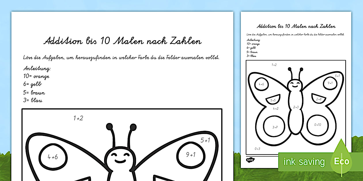 Schmetterling Addition bis 10 Malen nach Zahlen - Twinkl