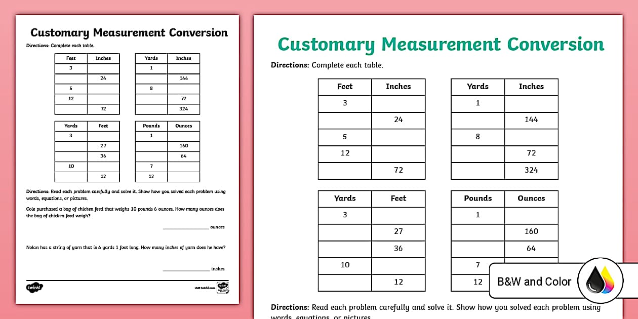 Fourth Grade Customary Measurement Conversion Worksheet