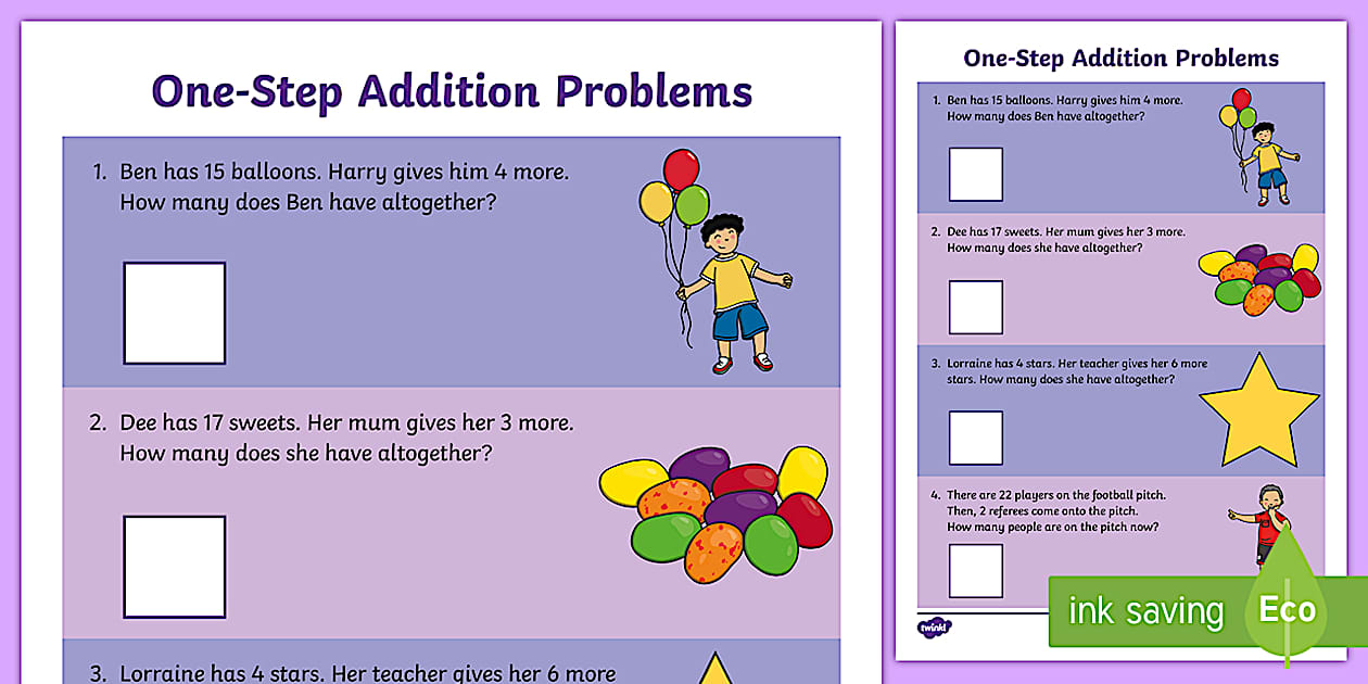 Black and White One-Step Addition Problems Worksheet