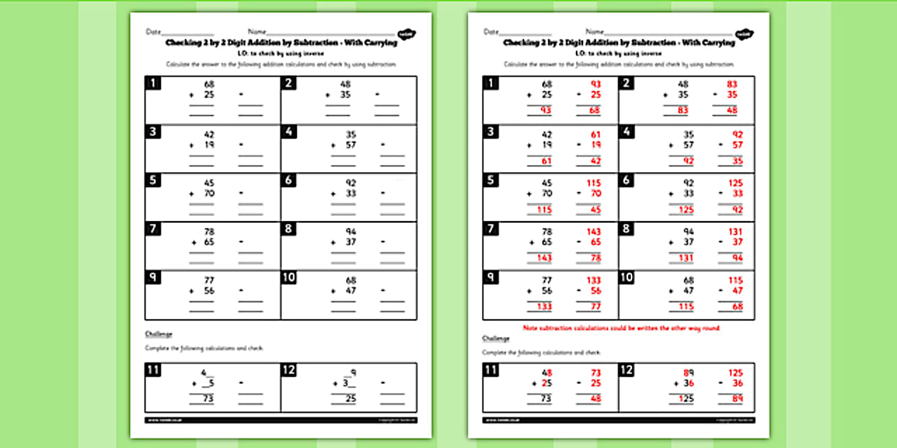 Grade 3 Inverse Checking 2 Digit by 2 Digit Addition by Subtraction with